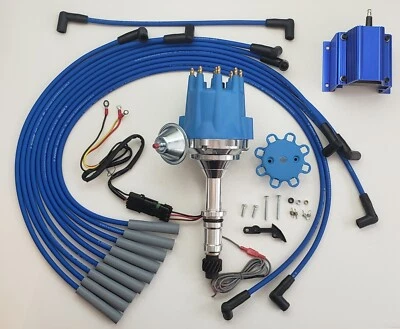 Distribuidor BUICK 350 HEI de tapa pequeña + BOBINA DE 50k + cables de bujía azul de 8 mm EE. UU. Foto 1 de 3