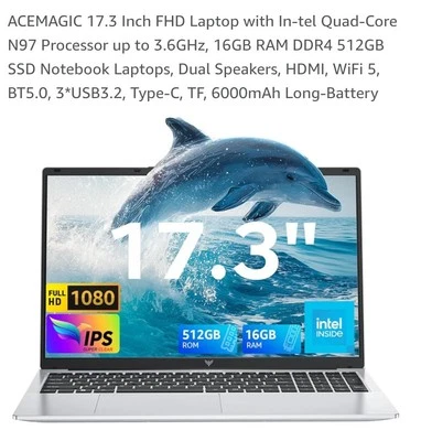 ACEMAGIC 17.3 Inch FHD Laptop 16GB RAM DDR4 512GB SSD Notebook Laptops - Image 1 of 4