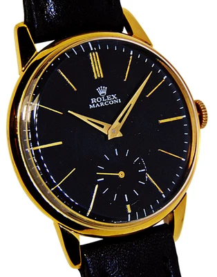 Reloj Rolex Marconi vintage esfera negra caja chapada en oro 18k 36 mm recién revisado Foto 1 de 4