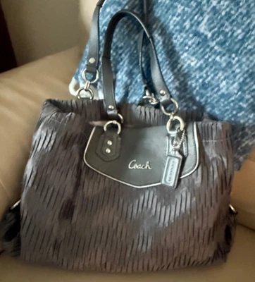 Coach Ashley Gathered Satin Satchel Carryall Bag Charcoal Grey with Pink Inside - Image 1 of 4
