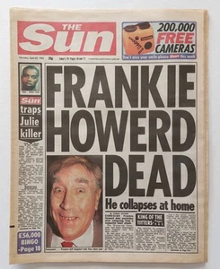 FRANKIE HOWERD Dead - The Sun UK Newspaper (Ruth Gordon/Steve Davis) (APR 1992) - Foto 1 di 4