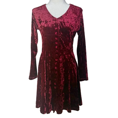Antigo Vestido Feminino Anos 90 Luly K Borgonha Veludo Botão Frontal 6 Whimsigoth Holiday - Imagem 1 de 4