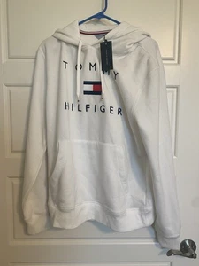 Tommy Hilfiger Hoodie Sweatshirt Pullover Size L White Red Blue Logo Pocket - Picture 1 of 15
