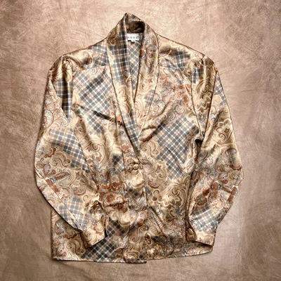 Vintage 80s Russ Satin Rocaille Floral Plaid Print Blouse Button Up Steampunk - Image 1 of 4