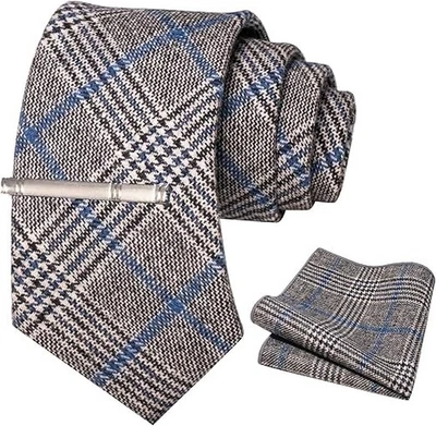 Juegos de corbata y clip cuadrado de bolsillo beige de lana de cachemir para hombre (9) Foto 1 de 4