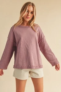 Aemi + Co Frayed Edge Round Neck Sweatshirt - Picture 1 of 4