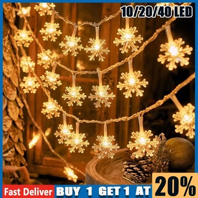 Battery Power LED Christmas Snowflake Fairy String Lights Xmas Tree Party Decor - Image 1 of 4
