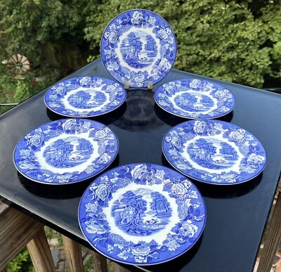 Blue & White Wood & Son English Scenery -  Six 7 3/4" Salad / Dessert Plates - Image 1 of 4
