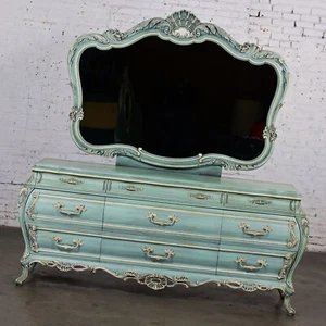 French Provincial Style Heavy Carved Powder Blue Ceruse Bombay Dresser & Mirror - Picture 1 of 13