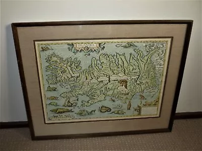 Vintage Old Hand Coloured Map Of Islandia  Iceland  Framed • 80$
