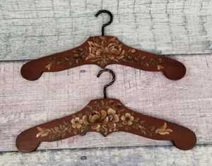 2 Vintage Hand Painted Floral Wooden Clothes Hangers 1984, 17” Long - Picture 1 of 22