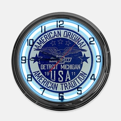 Reloj de neón blanco diseñado con letrero de metal original Chevrolet American Tradition de 18" Foto 1 de 4