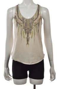 Ecote Womens Top Size S Beige Gray Printed Beaded Tank Shirt Sleeveless Cotton - Picture 1 of 5