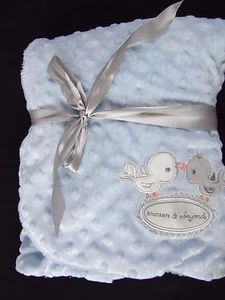 Blankets and Beyond Blue Minky Dot White Birds Baby Embroidered NEW Birdies - Picture 1 of 2