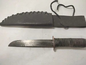 Vintage Handmade Fixed Blade Knife Leather Wrap Grip Brass Pommel 10" - Picture 1 of 7