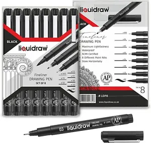 Drawing Pens Set Of 8 Black Fineliners Waterproof Ink Technical Fineliner Brush - Picture 1 of 7