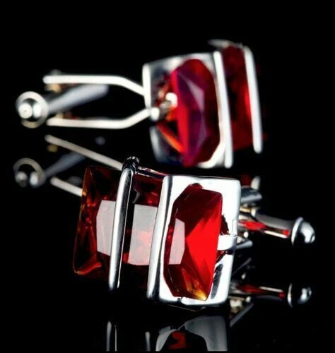 Dark Transparent Red Emerald Gemstone Special Men's High Polish Silver Cufflinks - Image 1 of 4