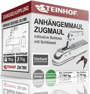 ZUGMAUL ANHÄNGEMMAUL ZUGKUGELKUPPLUNG VIERKANT 750KG 50,5mm + SICHERHEITSSCHLOSS - Zdjęcie 1 z 1