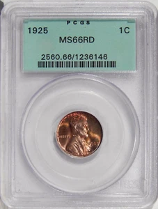 1925 1c PCGS MS 66 RED ~ EARLY LINCOLN WHEAT CENT IN OLD GREEN HOLDER - Picture 1 of 2