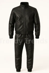 100% Sheepskin Men's Black Leather Tracksuit Set | Luxe Moto Biker Streetwear - Picture 1 of 2