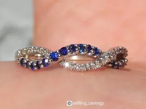 10K SOLID WHITE GOLD DIAMOND & SAPPHIRE CROSSOVER BAND RING SIZE 6.75 SIZEABLE - Picture 1 of 13