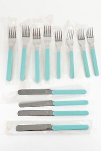 (12) NOS Crown Corning Korea Vintage Silverware Plastic Handle Teal Light Blue