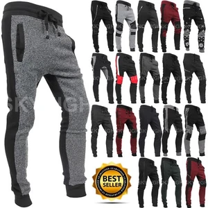 Mens JOGGER Pants Fleece Sweatpants BIKER Zipper Gym Track Slim Fit Workout - Picture 1 of 129