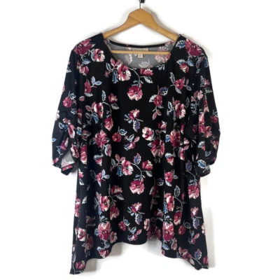 Top túnica para mujer Dana Buchman talla 3X negro floral dobladillo asimétrico manga acanalada Foto 1 de 4