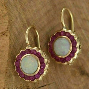 2CT Round Cut Lab Created Fire Opal Ruby 14K Yellow Gold Plated Pretty Earrings - Picture 1 of 4