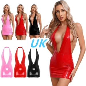 UK Women Sexy PU Leather Mini Dress Halter Backless Deep V Neck Bodycon Dresses - Picture 1 of 36