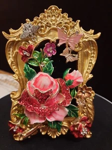 ARTE DE JOYERÍA - Estrás Rosa, Flores, Mariposas en Marco Dorado Adornado 5x3" - Imagen 1 de 4