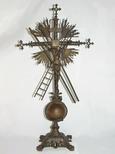 08F12 Antico Cristo Crocifisso Croce Altare IN Bronzo Con Utensili Religion XIX - Imagen 1 de 10