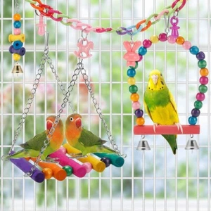 13Pcs Pet Birds Toy Set Bird Parrot Toys Wooden Ladder Bridge Swing Hammock - Picture 1 of 10