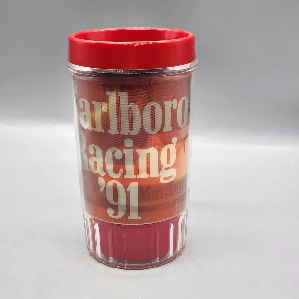 Vintage Marlboro Racing '91 Insulated Mug Red Plastic Handle Promo Tumbler Cup - Image 1 of 4
