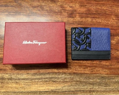 Salvatore Ferragamo Tarjetero Cartera Gancini Cuero Azul Plegado Hecho en Italia Foto 1 de 4