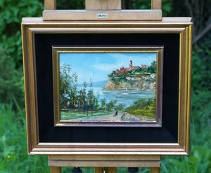Mittelmeerküstenansicht - Ölgemälde mit Rahmen, Klippe und Stadtszene - Bild 1 von 4
