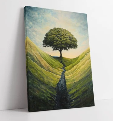 BEAUTIFUL GREEN TREE ON A HILL -FRAMED CANVAS WALL ART PICTURE PRINT - Image 1 of 2