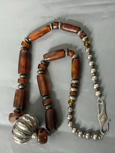 Vintage Sterlingsilber Bernstein Halskette große Melone Anhänger Kunsthandwerk signiert Landebahn - Bild 1 von 24