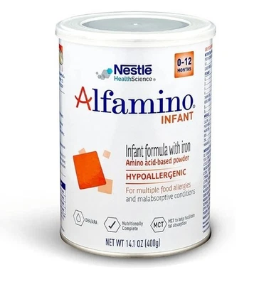 Fórmula infantil en polvo Nestlé Alfa-mino 14,1 oz con hierro alergia alimentaria hipoalergénica Foto 1 de 2