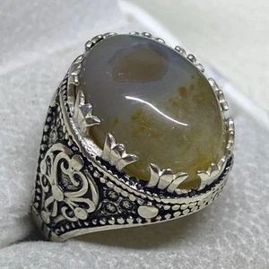 925 Sterling Silver Men's Ring natural Yemeni agate aqeeq stone عقيق مصور يمني - Picture 1 of 8