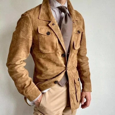 Bellizi Men’s Tan Suede Leather Safari Jacket Handmade Luxury Field Coat XS–3XL - Image 1 of 4