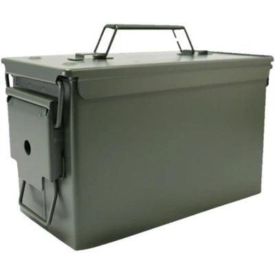Military Style 50 CAL AMMO BOX Army Green METAL STORAGE CONTAINER TOOL BOX TIN - Image 1 of 4