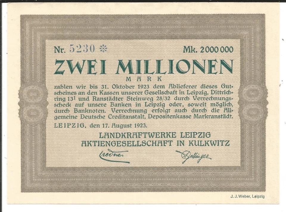 Leipzig,Landkraftwerke AG Kulkwitz,2 Millionen Mark 1923,minimal gebraucht - Bild 1 von 1