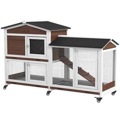 Wooden Two-Tier Pet Hutch with Wheels, Run - Brown - Image 1 of 4
