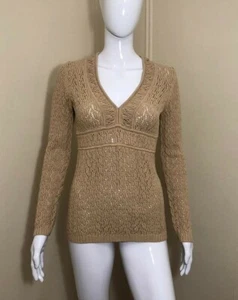 Ann Taylor LOFT Women's Soft Beige - Tan Knit V-Neck Sweater 100% Cotton Size S - Picture 1 of 7