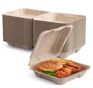 50 Pack Clamshell To Go Containers 100% Compostable Disposable Take Out Food Con - Picture 1 of 7