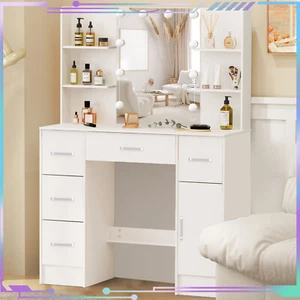 Vanity Dressing Desk + Stool 5 Drawers Makeup Table LED Lighted Mirror Bedroom - Picture 1 of 11