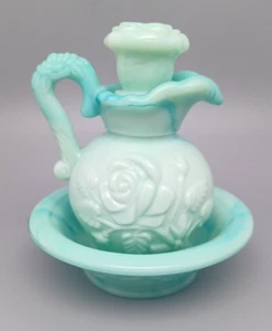 Avon Vintage Jadeite Green Swirl Milk Glass Rose Mini Pitcher And Bowl Set - Picture 1 of 8