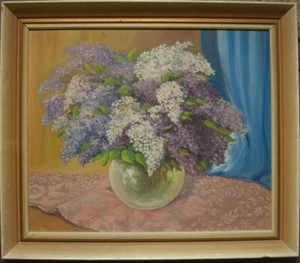 ::GROßES ÖLGEMÄLDE STILLLEBEN FLIEDER IN GLASVASE HANDSIGNIERT MIT JAROMIR BRAUN - Bild 1 von 7