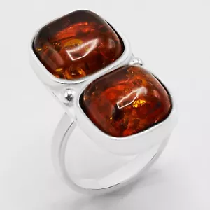 925 Solid Sterling Silver Natural Cognac Baltic Amber Adjustable Ring Size 7 - Picture 1 of 3